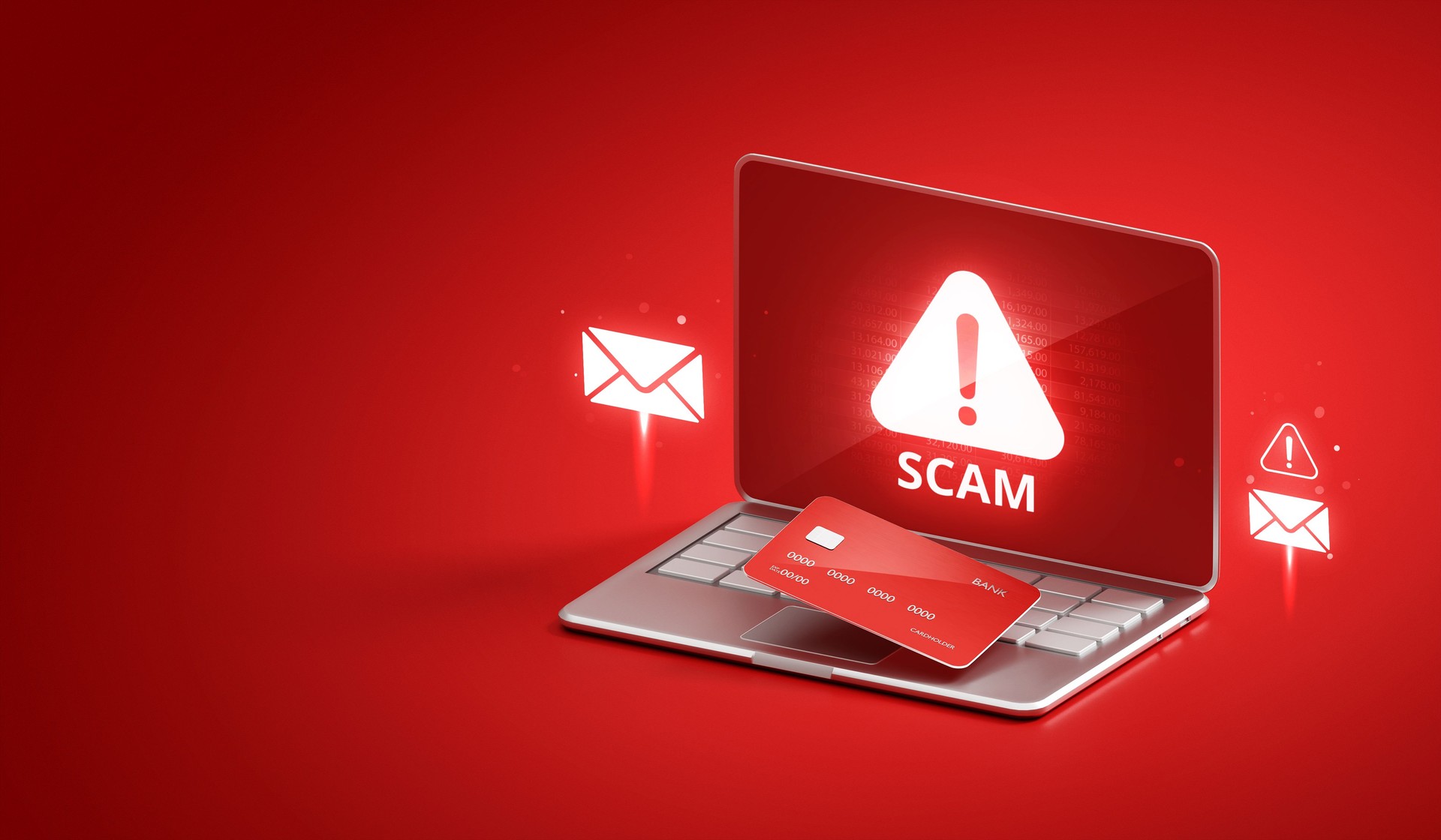 Scam credit fraud card alert internet money security online crime cyber data theft hacker phishing protection digital information password attack technology stealing risk warning laptop 3d background.